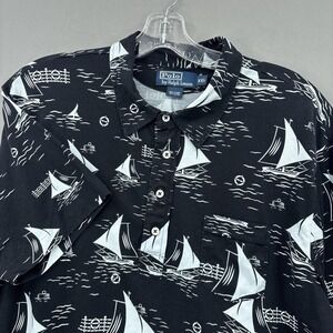 Vintage Polo Ralph Lauren Shirt Mens 2XL Black Sailboat Nautical Allover Print
